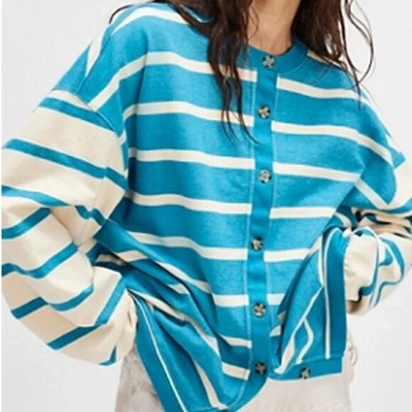 Free People We the Free Classic Striped Cardigan in Blue Combo - Picture 4 of 8